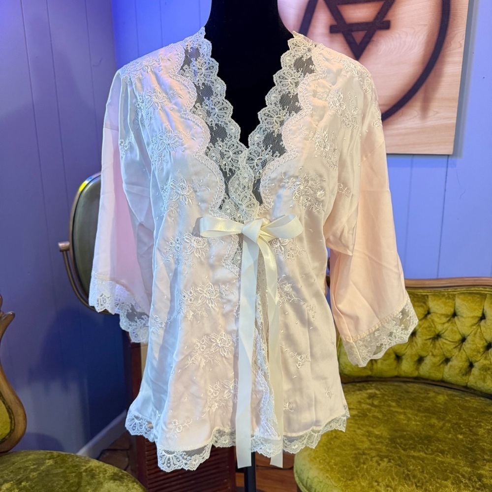 Vintage 70s Miss Dior Christian Dior Embroidered Satin Pajama Top Size S